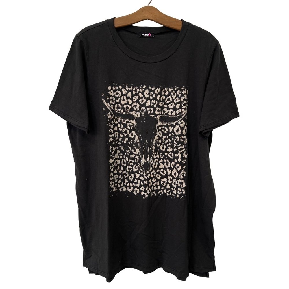 MineB Steer Skull Print Crewneck Short Sleeve T-Shirt Womens 3XL Black Cotton